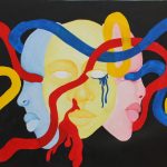 3 faces portrayed like un identifiable masks with red , blue, and yellow ropes going throw them all